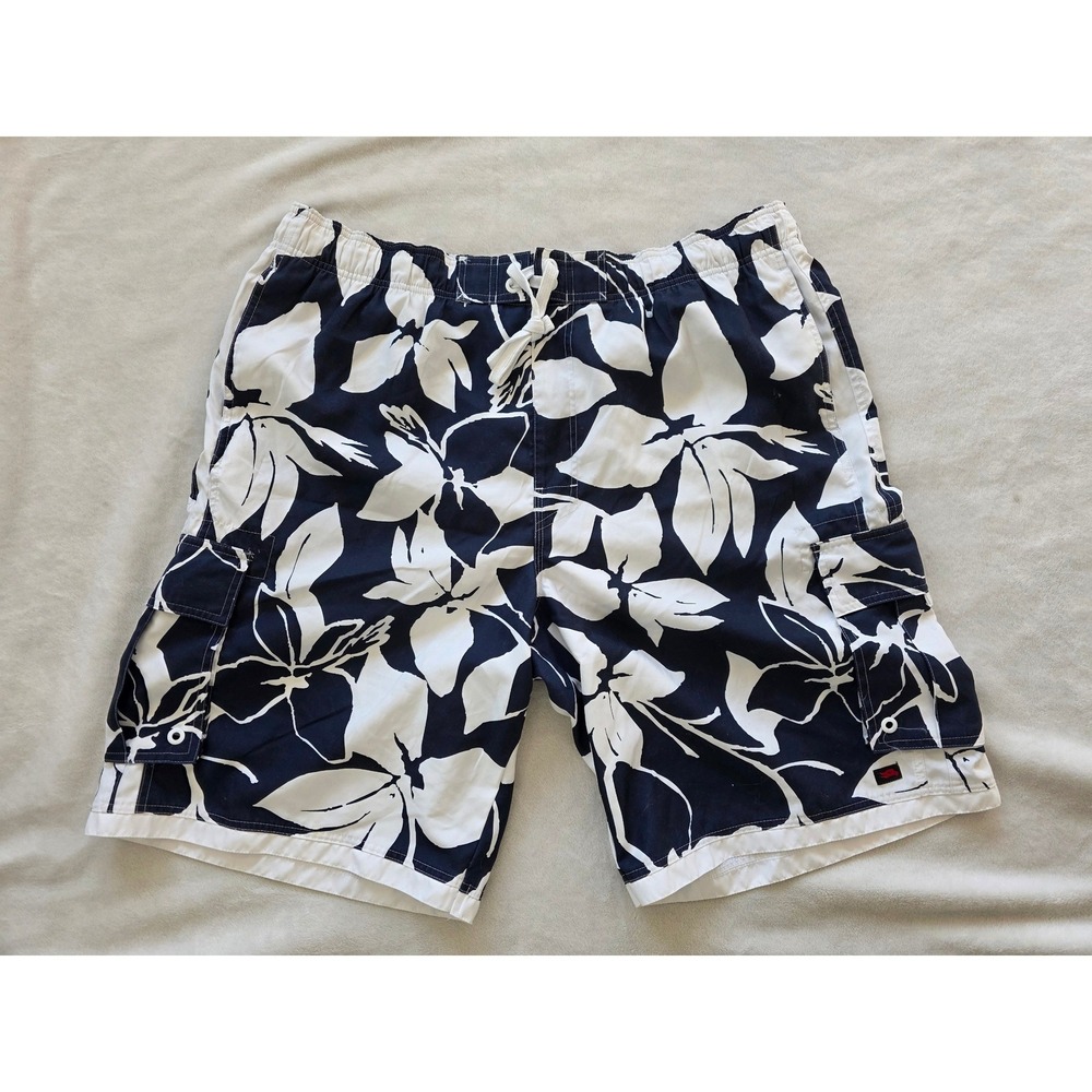 Hawk Mens Swim Trunks Shorts Navy White Floral Print Elastic‎ Waist Tie XXL